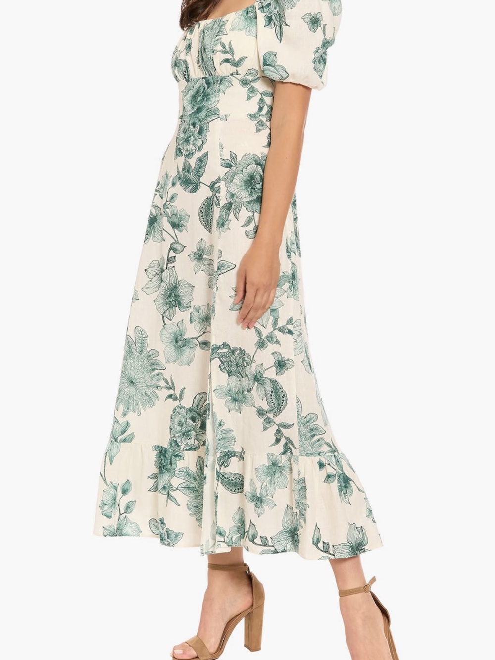 London Times Cream Midi Dress with Green Floral Print